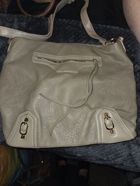 Beige Leather Shoulder Bag with Gold Hardware
